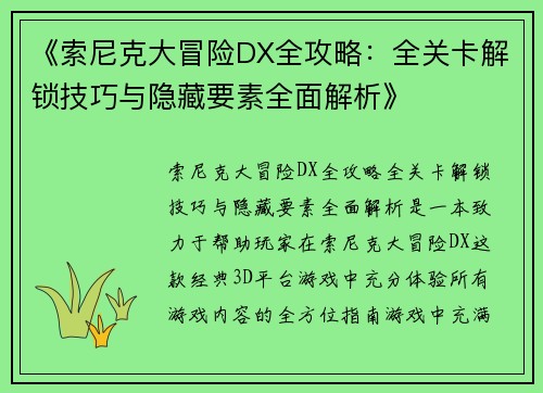 《索尼克大冒险DX全攻略：全关卡解锁技巧与隐藏要素全面解析》